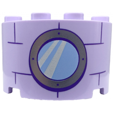 lavender cylinder half 2 x 4 x 2 with 1 x 2 cutout with bright light blue round window with silver frame and dark purple bricks pattern