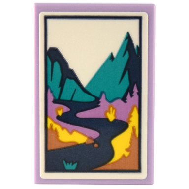 lavender tile 2 x 3 with picture of medium lavender and yellow landscape with dark turquoise mountains and dark blue river pattern sticker - set 41732