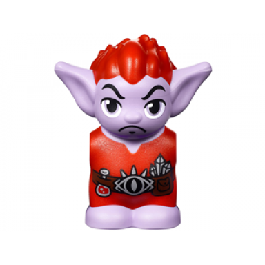 lavender body head goblin with pointed ears and red spiked hair and tunic with utility belt with goblin eye buckle crystals and vial pattern