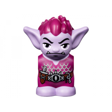 lavender body head goblin with pointed ears and magenta spiked hair and tunic with utility belt with goblin eye buckle knife and keys pattern