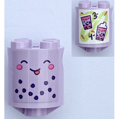 lavender brick round 2 x 2 x 2 robot body with bottom axle holder x shape orientation with face with closed eyes red tongue dark pink cheeks and dark purple spots bubble tea 3- and 4- pattern on both sides stickers - set 41733