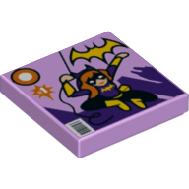lavender tile 2 x 2 with batgirl comic book cover with yellow bat logo 1 and bar code pattern