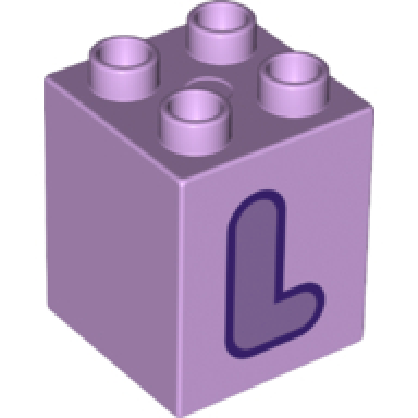 lavender duplo brick 2 x 2 x 2 with medium lavender capital letter l with dark purple outline pattern