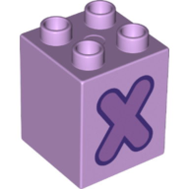 lavender duplo brick 2 x 2 x 2 with medium lavender capital letter x with dark purple outline pattern