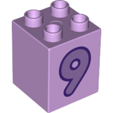 lavender duplo brick 2 x 2 x 2 with medium lavender number 9 with dark purple outline pattern