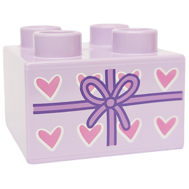 lavender duplo brick 2 x 2 with present gift with medium lavender ribbon with bow and dark pink hearts pattern