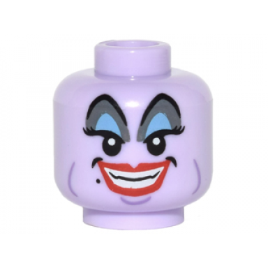 lavender minifigure head alien female blue and gray eye shadow eyelashes cheek lines chin dimple red lips open mouth smile pattern ursula