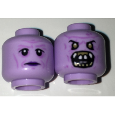lavender minifigure head dual sided alien with black eyes purple lips neutral monster open mouth with teeth fangs pattern