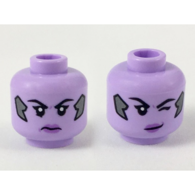 lavender minifigure head dual sided female pearl dark gray implants medium lavender lips scowl smile winking left eye pattern