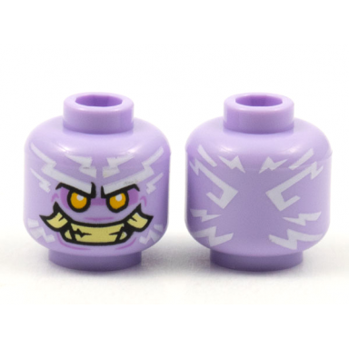 lavender minifigure head alien ninjago islander with white tattoos bright light orange eyes medium lavender eye shadow tan teeth and tusks pattern