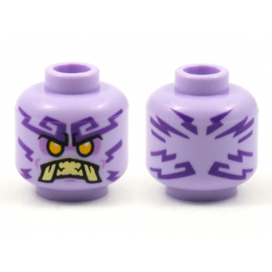 lavender minifigure head alien ninjago islander with dark purple tattoos bright light orange eyes medium lavender eye shadow tan teeth and tusks pattern