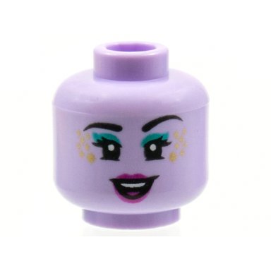 lavender minifigure head female black eyebrows eyelashes dark turquoise eye shadow gold sparkles magenta lips open mouth smile with top teeth and tongue pattern