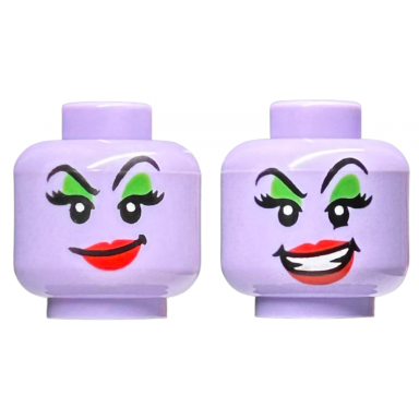lavender minifigure head dual sided female black raised eyebrows bright green eye shadow red lips lopsided grin open mouth smirk pattern