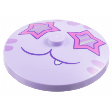 lavender dish 4 x 4 inverted radar with solid stud with cat face with dark pink star shaped eyes medium lavender stripes and dark purple closed mouth with tooth pattern