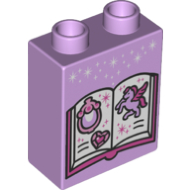 lavender duplo brick 1 x 2 x 2 with book with horse with wings pattern