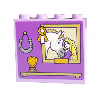 lavender brick 1 x 4 x 3 with picture with white horse and rapunzel horseshoe bow and gold cup on shelf pattern sticker - set 43195