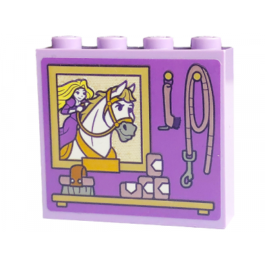lavender brick 1 x 4 x 3 with picture with white horse and rapunzel leash and brush on shelf pattern sticker - set 43195