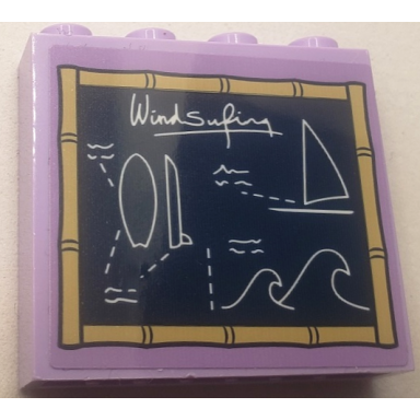 lavender brick 1 x 4 x 3 with dark blue blackboard with white windsurfing diagrams and bamboo border pattern sticker - set 41710