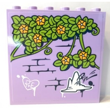 lavender panel 1 x 6 x 5 with lime leaves and bright light orange flowers on lavender brick wall with graffiti pattern sticker - set 41365