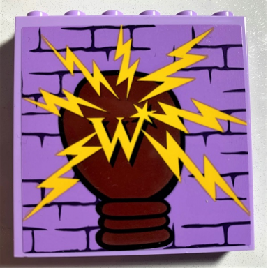 lavender panel 1 x 6 x 5 with brick wall yellow letter w and lightning bolts pattern sticker - set 75978