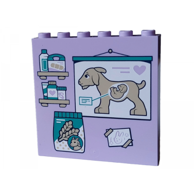 lavender panel 1 x 6 x 5 with tan shelves with medicines and box of bandages dark turquoise jar and white poster with pregnant goat pattern