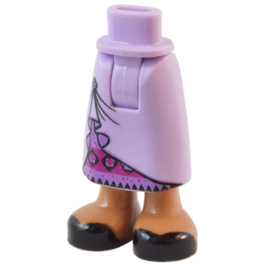 lavender mini doll hips and skirt long with molded medium nougat legs and printed black shoes and pinned up seams with brooch over magenta and medium lavender stripes with diamonds and triangles pattern - thick hinge