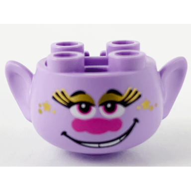 lavender minifigure head modified trolls with black eyebrows long eyelashes gold eye shadow stars and freckles dark pink eyes and nose open mouth smile with teeth pattern