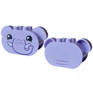 lavender duplo brick 2 x 6 x 2 1 2 oval ends rounded ears on sides with elephant face with dark purple outlined trunk medium lavander wrinkles black eyes and white toes pattern