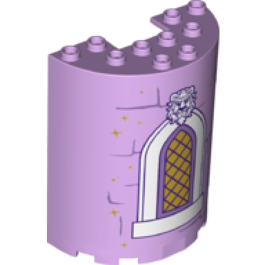 lavender cylinder half 3 x 6 x 6 with 1 x 2 cutout with white window gold lattice beast face and bricks with stars pattern