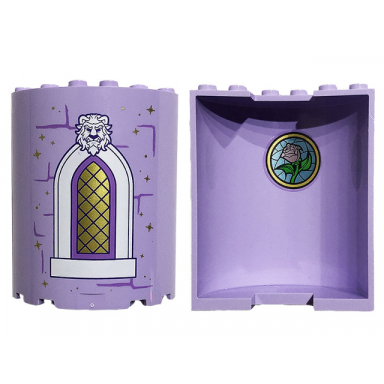 lavender cylinder half 3 x 6 x 6 with 1 x 2 cutout with bricks gold stars lattice window and beast head on outside and metallic pink rose on metallic light blue stained glass on inside pattern stickers - set 43196