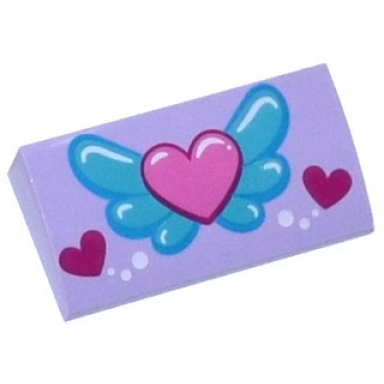 lavender slope curved 2 x 4 x 2 3 with bottom tubes with pink heart on blue wings white circles and 2 magenta hearts pattern