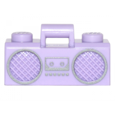lavender minifigure utensil radio boom box with bar handle with silver cassette player buttons and rimmed speakers pattern