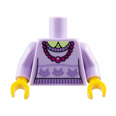 lavender torso knit sweater with medium lavender cat heads over yellowish green shirt with collar necklace with magenta beads pattern lavender arms yellow hands