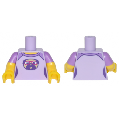 lavender torso female outline shirt with medium lavender shoulders and pug dog with red glasses pattern yellow arms with molded medium lavender short sleeves pattern yellow hands