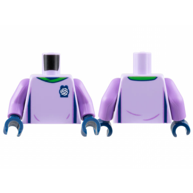 lavender torso soccer uniform bright green collar white ball on dark blue brick logo dark blue side stripes pattern medium lavender arms dark blue hands