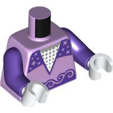 lavender torso ice skating costume with dark purple trim metallic pink filigree and sparkles pattern dark purple arms white hands