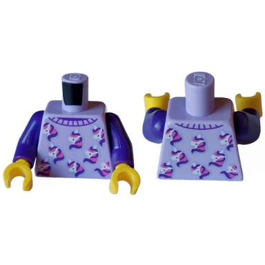 lavender torso pajama sweater with white dark purple and dark pink unicorn heads pattern dark purple arms yellow hands