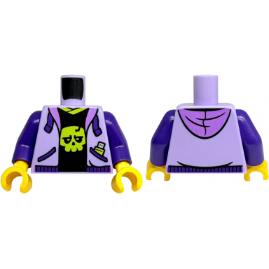 lavender torso hoodie open with medium lavender hood dark purple drawstrings and pockets black shirt with lime collar and skull pattern dark purple arms yellow hands