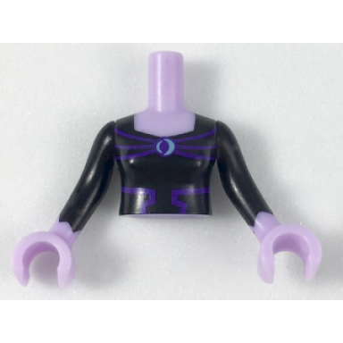 lavender torso mini doll woman black bodice top with metallic light blue eclipse and dark purple lines pattern lavender arms with hands with black sleeves