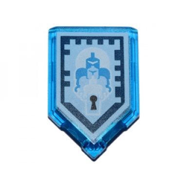 trans-dark blue tile modified 2 x 3 pentagonal with nexo power shield pattern - shrink surprise