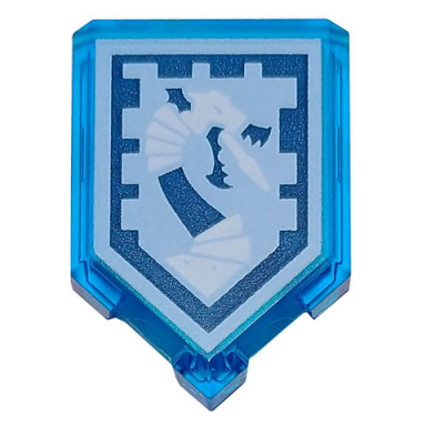 trans-dark blue tile modified 2 x 3 pentagonal with nexo power shield pattern - iron dragon