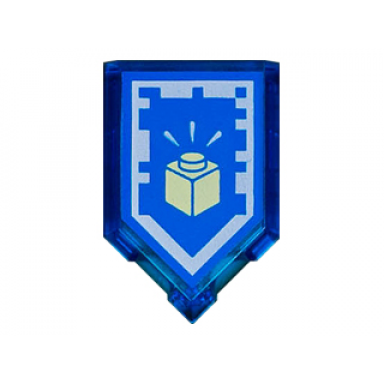 trans-dark blue tile modified 2 x 3 pentagonal with nexo power shield pattern - cool creation