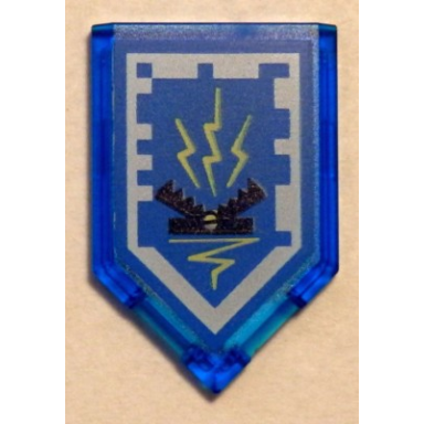 trans-dark blue tile modified 2 x 3 pentagonal with nexo power shield pattern - zap zap