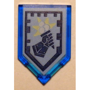 trans-dark blue tile modified 2 x 3 pentagonal with nexo power shield pattern - ice cream