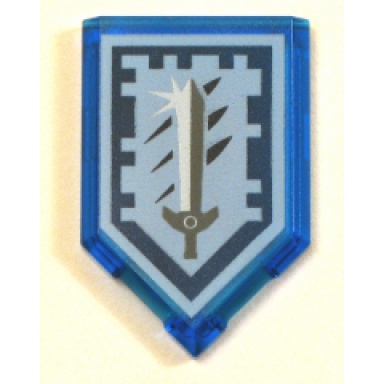trans-dark blue tile modified 2 x 3 pentagonal with nexo power shield pattern - titanium sword