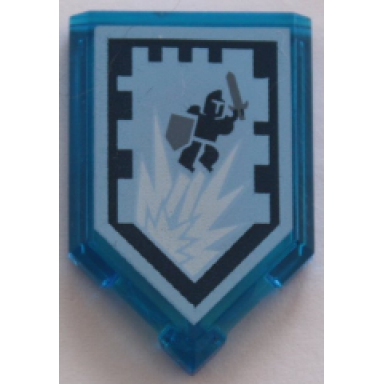 trans-dark blue tile modified 2 x 3 pentagonal with nexo power shield pattern - jumperman