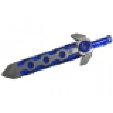 trans-dark blue minifigure weapon sword long with molded flexible rubber flat silver tip and angular crossguard pattern