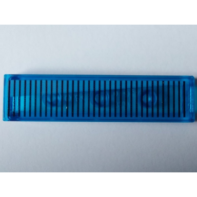 trans-dark blue tile 1 x 4 with black horizontal lines and narrow medium blue wedge pattern model left side sticker - set 40519
