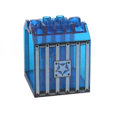 trans-dark blue container box open ended 4 x 4 x 4 with 1 locking hinge finger on each end with jail bars and star pattern