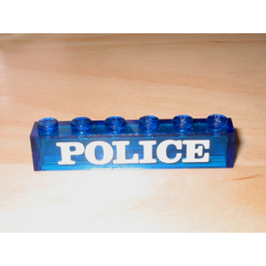 trans-dark blue brick 1 x 6 without bottom tubes with white police serif pattern